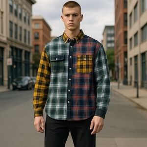 American Eagle Outfitters Men's Collared Plaid Shirt - Red, Green, Yellow, Blue